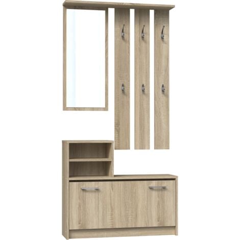 HUCOCO VITTORIA - Mobile da ingresso moderno con 6 ganci + specchio + scarpiera 180x85x24 - Guardaroba - Effetto legno