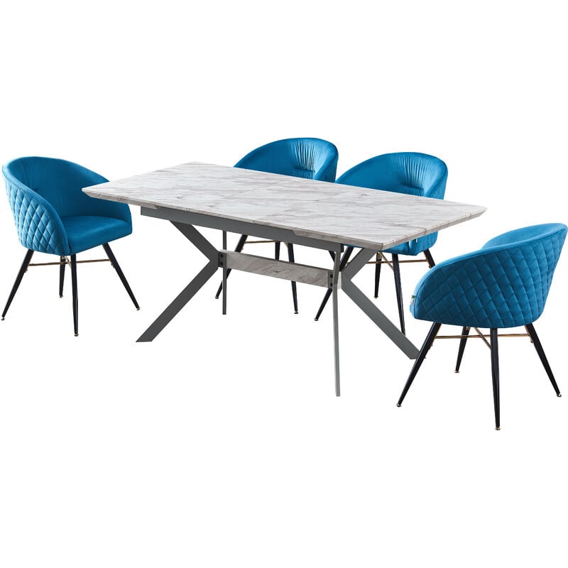 Life Interiors - 5 Pieces Vittorio Blaze Dining Set - a White Extendable Rectangular Wooden Dining Table and Set of 4 Blue Dining Chairs - Blue