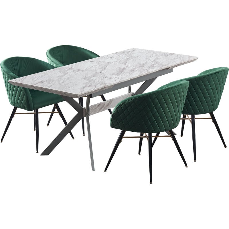 Life Interiors - 5 Pieces Vittorio Blaze Dining Set - a White Extendable Rectangular Wooden Dining Table and Set of 4 Green Dining Chairs - Green