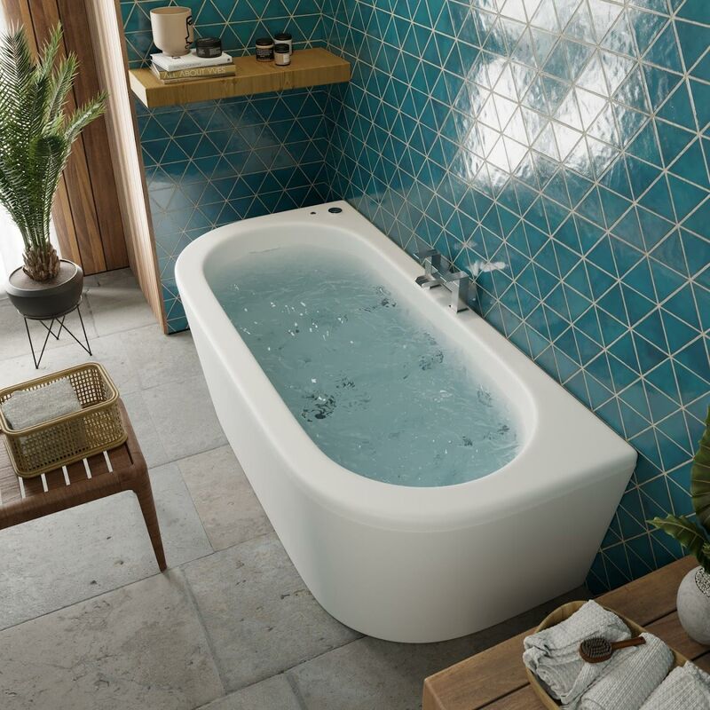 Vitura 1700 x 800mm Back to Wall Curved Whirlpool Bath 18 Jets Acrylic Bathroom - White