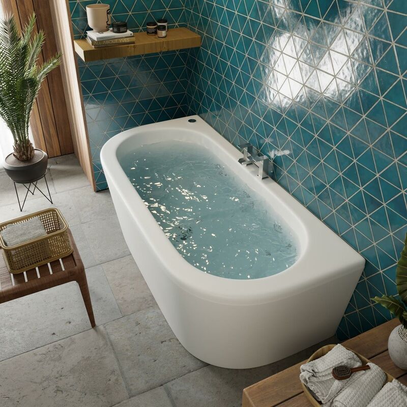 1700 x 800mm Back to Wall Curved Whirlpool Bath 6 Jets Acrylic Bathroom - White - Vitura