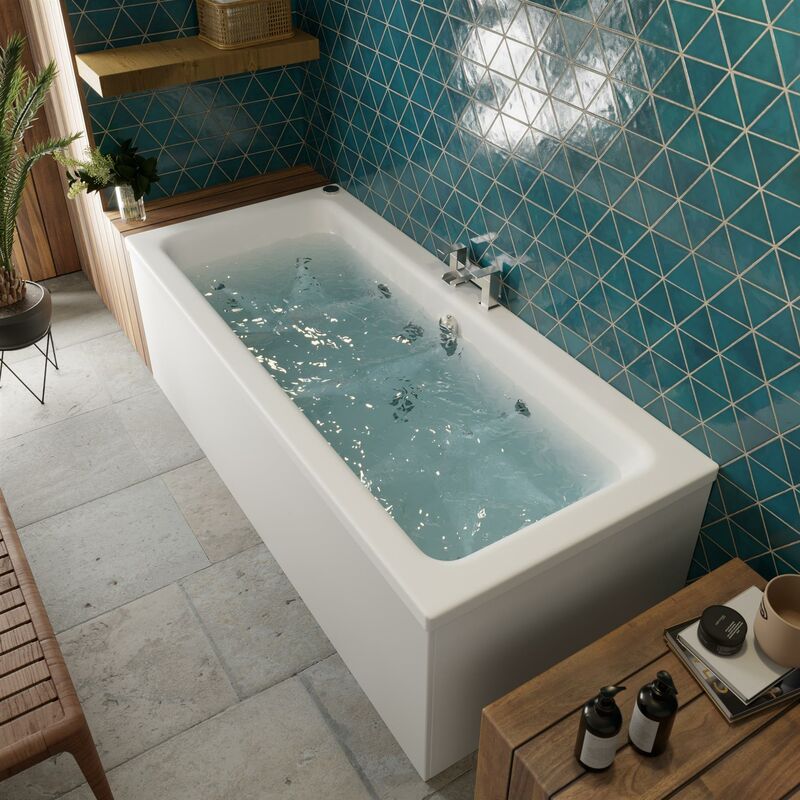 1700x750mm Double Ended Square Whirlpool Bath 14 Jets Acrylic Bathroom - White - Vitura