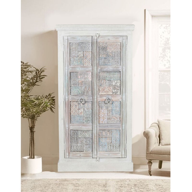 Uniqka - Viva - Armoire 2 portes en bois massif de manguier sculptée