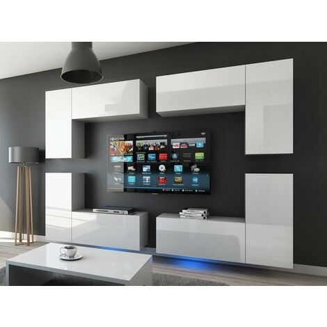Viva – Ensemble meuble TV 260 cm – Façade MDF laqué blanc brillant – Système push-to-open – Lumières LED incluses