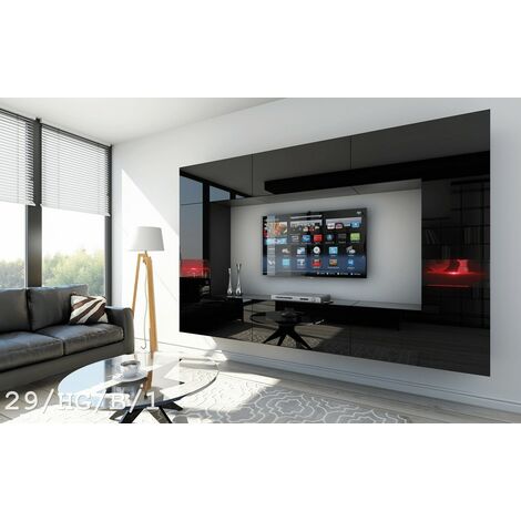 Viva – Ensemble meuble TV 273 cm – Façade MDF laqué noir brillant – Système push-to-open – Lumières LED incluses