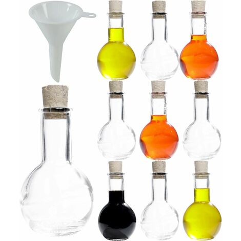 Viva Haushaltswaren Tulipano - 10 bottigliette in Vetro con Tappo in Sughero, 100 ml, Idea Regalo per Gli Ospiti, con Imbuto del Diametro di 5 cm