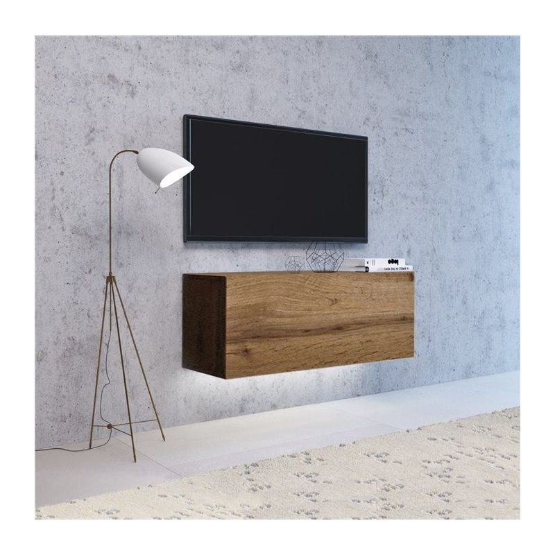 VIVIO - Meuble TV à suspendre avec LED salon/séjour - 140x40x38 cm - Meuble télévision avec rangements - Aspect bois - Chêne
