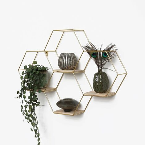 Vivol – Étagère murale hexagonale en métal – 4 tablettes en bois – Dimensions 40,5x58 cm – Couleur or – Installation facile au mur