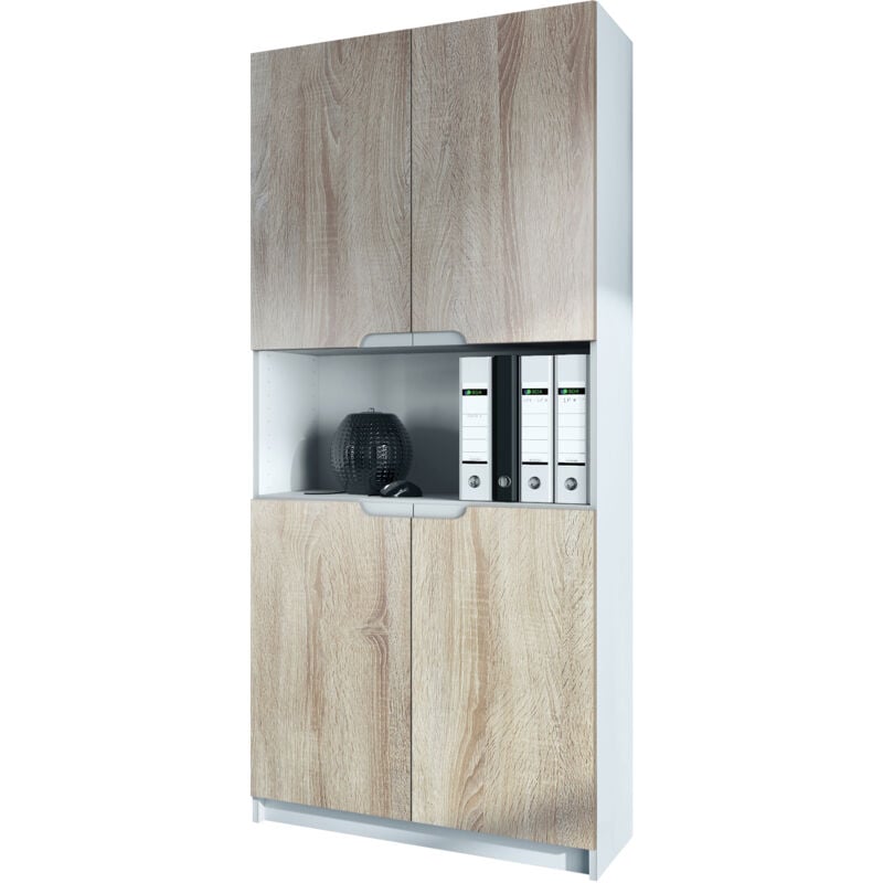armoire de bureau haute rangement logan v2 blanc mat - haute brillance - portes en chêne brut - portes en chêne brut - vladon