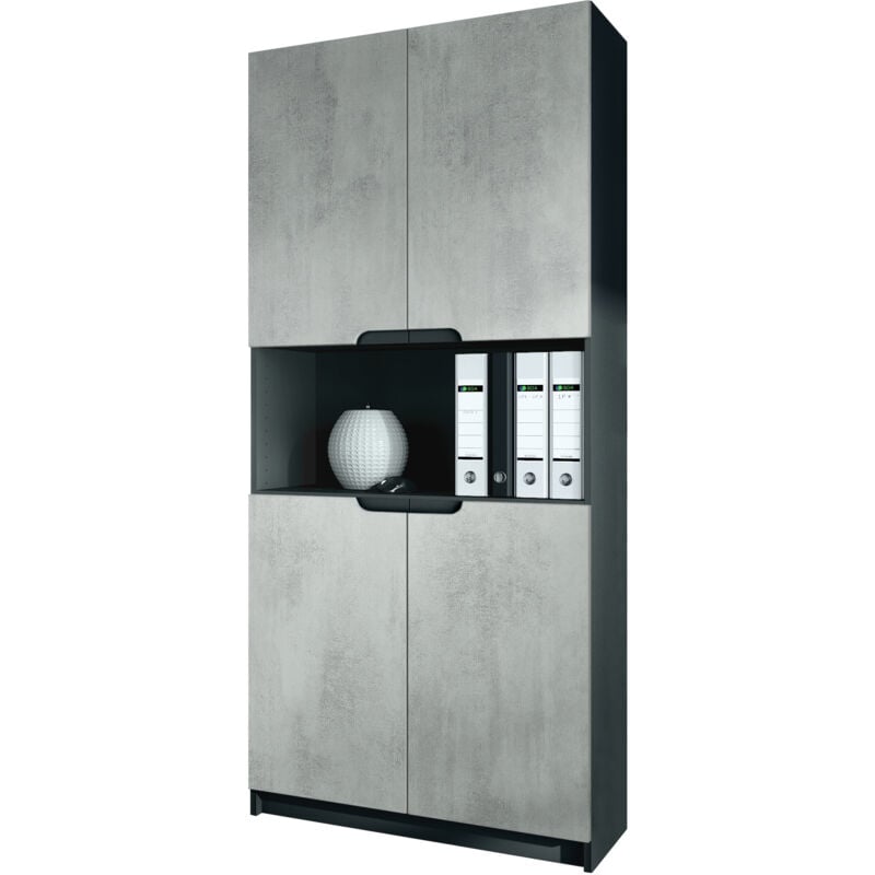 armoire de bureau haute rangement logan v2 noir, haute brillance & tons naturels - façades en aspect béton oxyde - façades en aspect béton oxyde