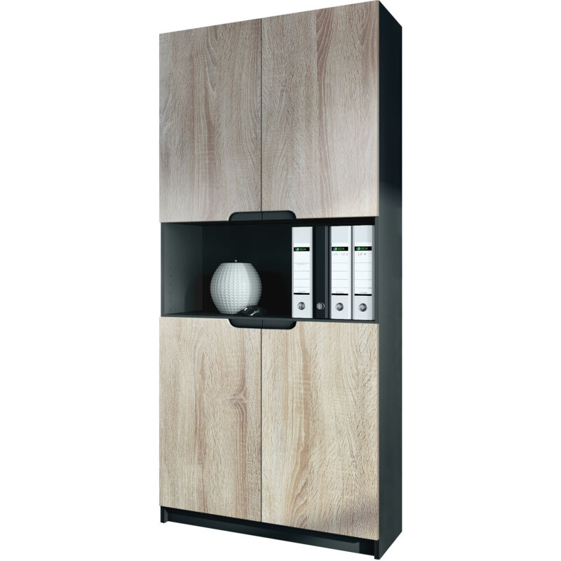 armoire de bureau haute rangement logan v2 noir, haute brillance & tons naturels - portes en chêne brut - portes en chêne brut - vladon