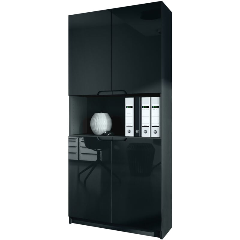 armoire de bureau haute rangement logan v2 noir, haute brillance & tons naturels - façades en noir haute brillance - façades en noir haute brillance