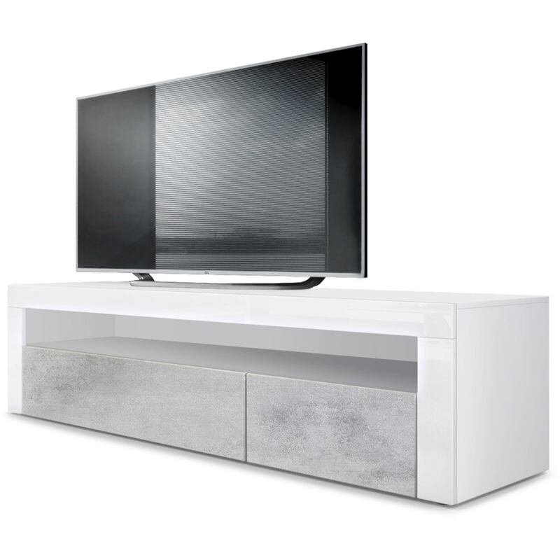 vladon - armoire basse meuble tv valencia en blanc mat - haute brillance & tons naturels - aspect béton oxyde/ blanc haute brillance - aspect béton
