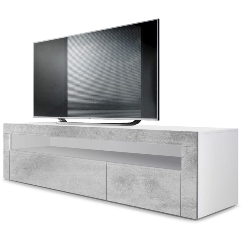 vladon - armoire basse meuble tv valencia en blanc mat - haute brillance & tons naturels - aspect béton oxyde/ aspect béton oxyde - aspect béton
