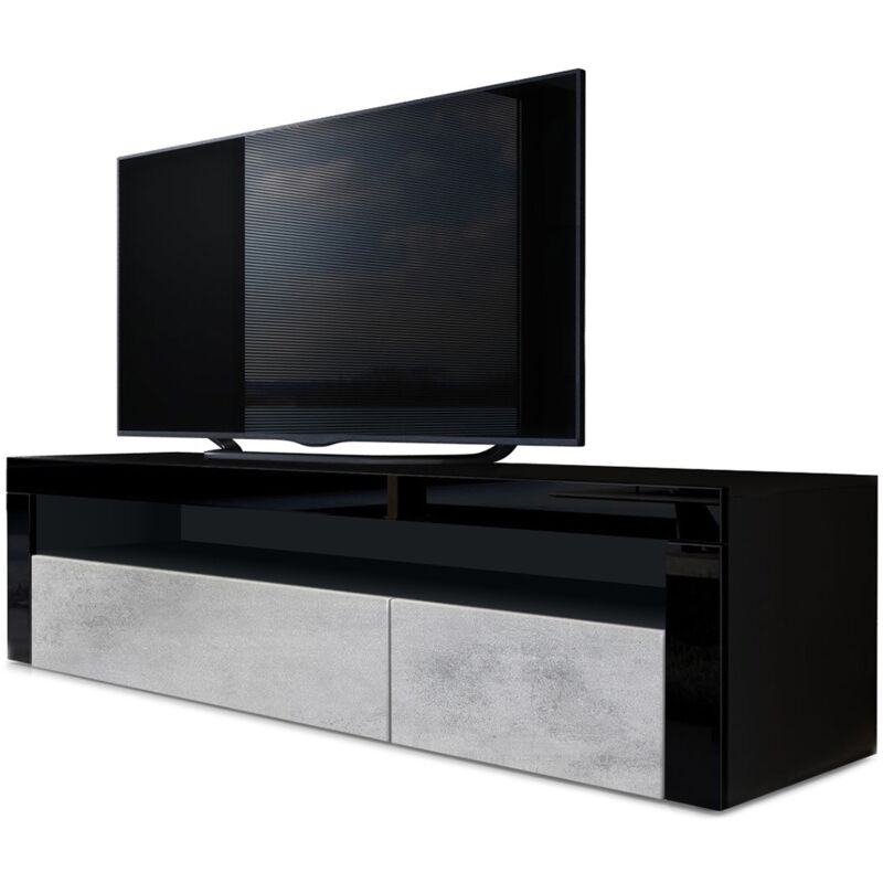vladon - armoire basse meuble tv valencia en noir mat - haute brillance & tons naturels - aspect béton oxyde/ noir haute brillance - aspect béton