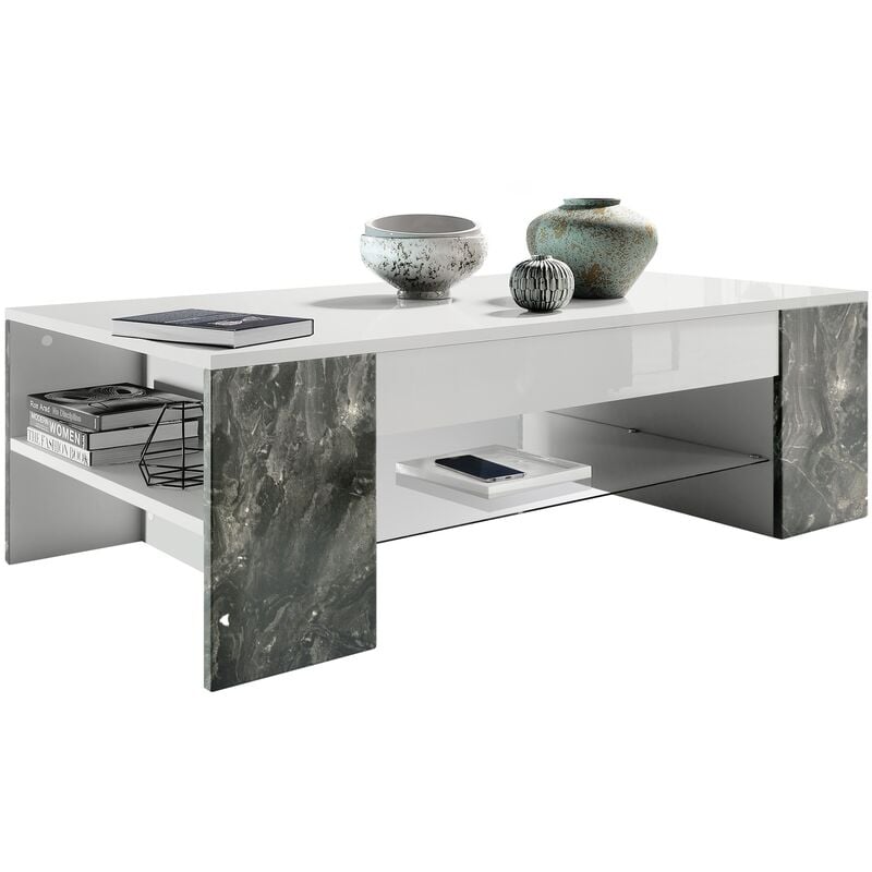 vladon - table de salon table basse d'appoint étagère verre clip blanc - haute brillance - bordures en marbre graphite - bordures en marbre graphite