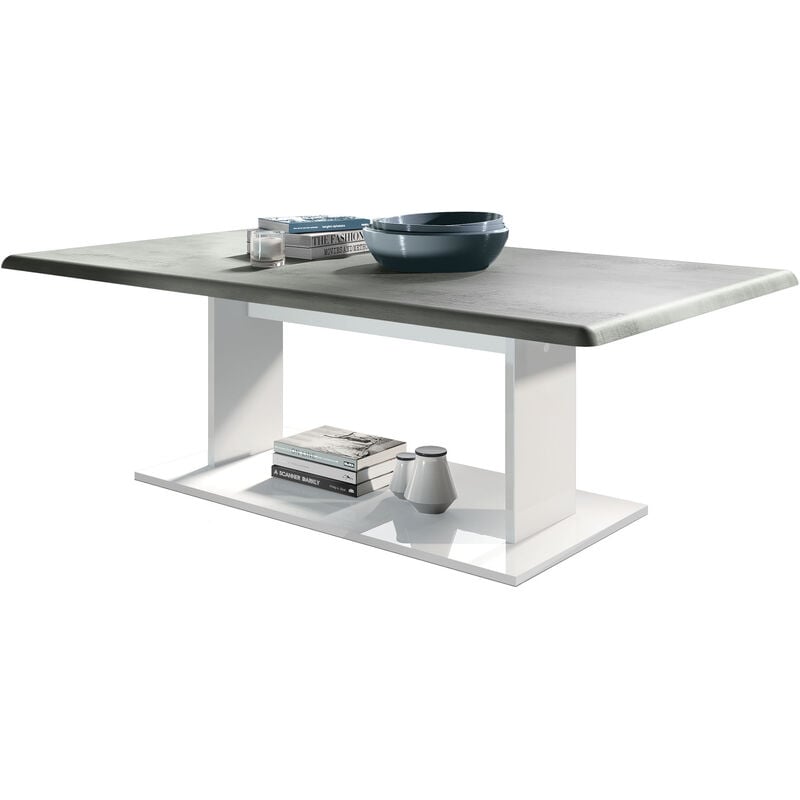 vladon - table de salon table basse d'appoint mono blanc, haute brillance & tons naturels - dessus en aspect béton oxyde - dessus en aspect béton