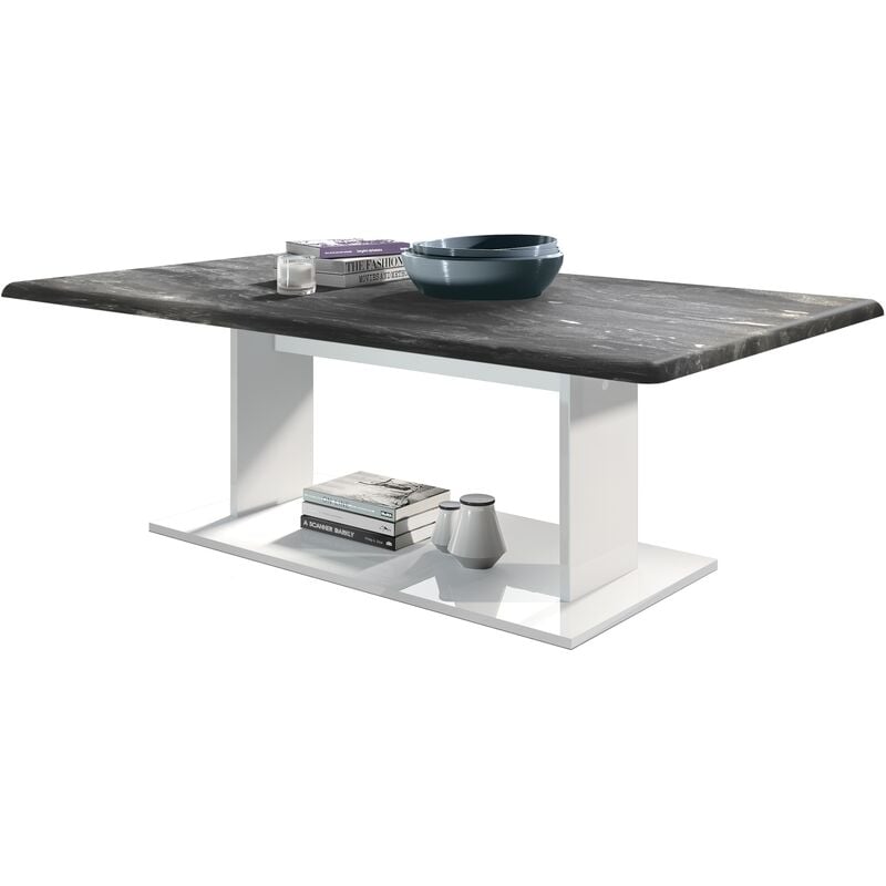 vladon - table de salon table basse d'appoint mono blanc, haute brillance & tons naturels - dessus en marbre graphite - dessus en marbre graphite