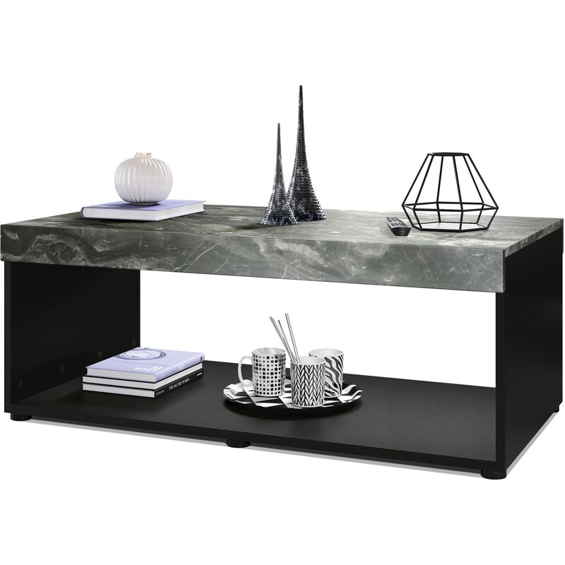 vladon - table basse pure, table de salon en forme de caisson, noir mat - haute brillance - plateau et bordures en marbre graphite - plateau et