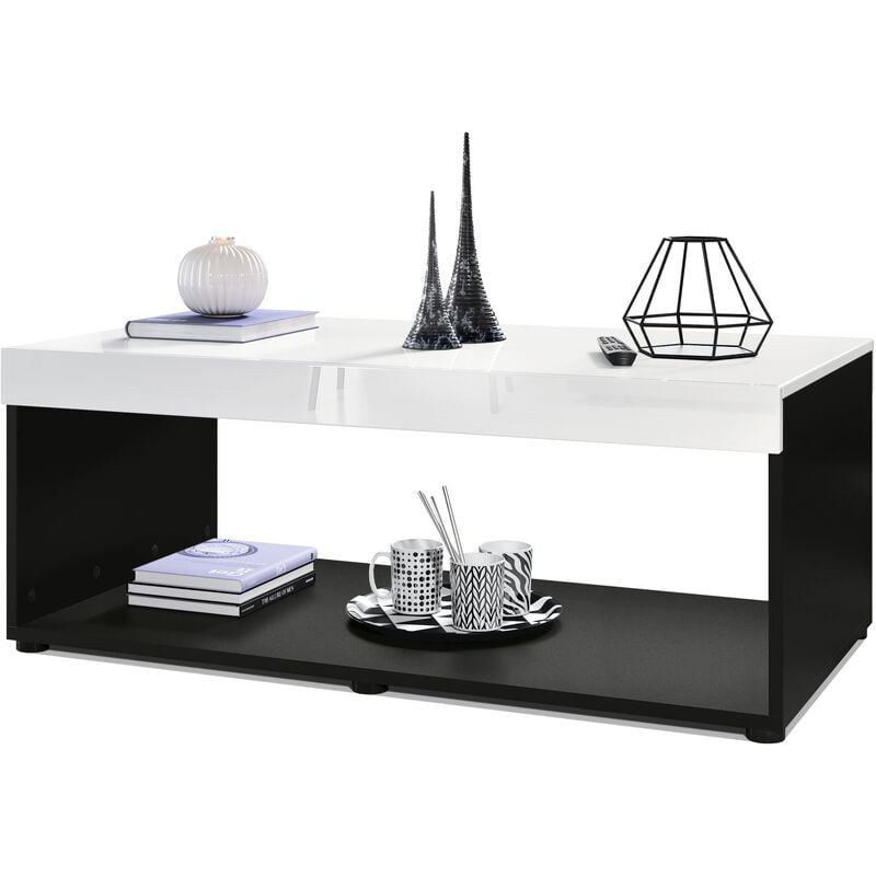 vladon - table basse pure, table de salon en forme de caisson, noir mat - haute brillance - plateau et bordures en blanc haute brillance - plateau et
