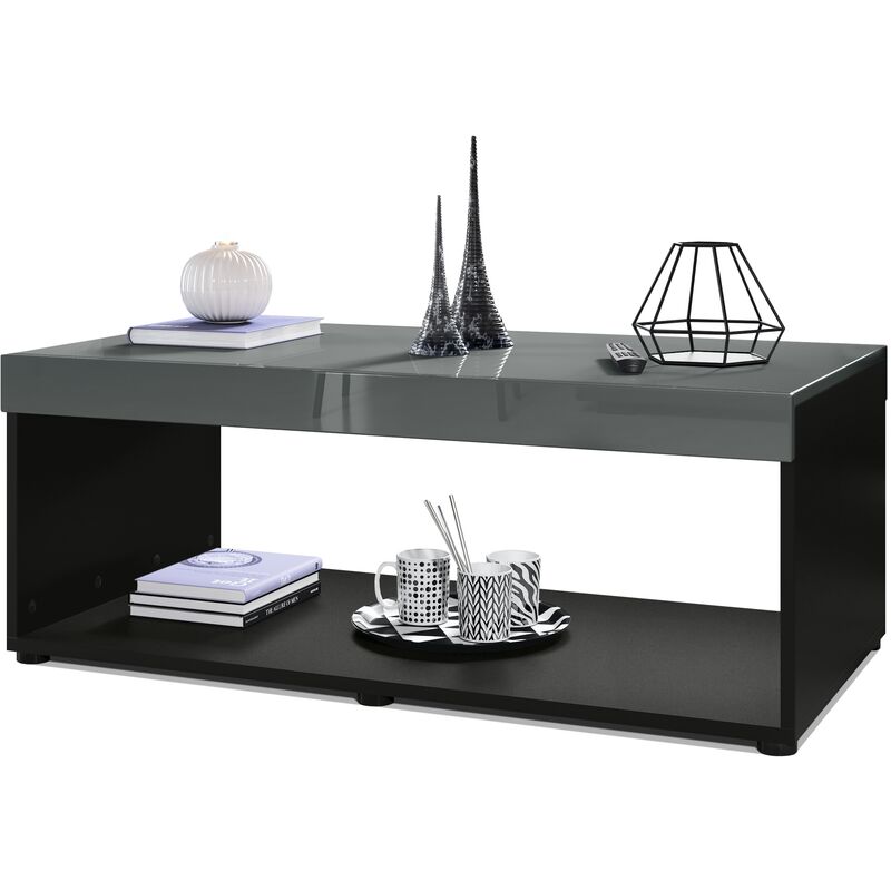 vladon - table basse pure, table de salon en forme de caisson, noir mat - haute brillance - plateau et bordures en gris haute brillance - plateau et