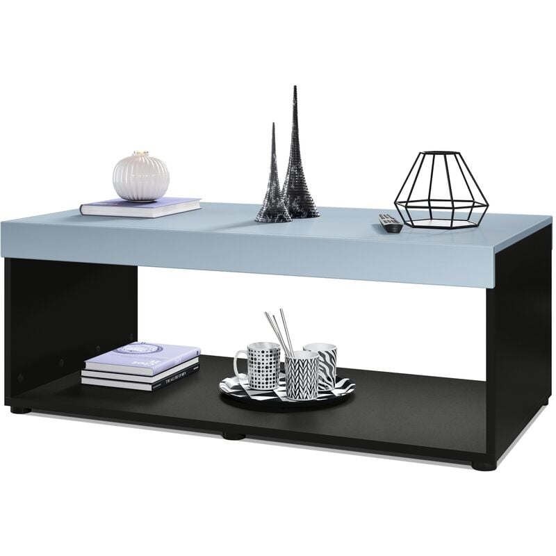 vladon - table basse pure, table de salon en forme de caisson, noir mat - haute brillance - plateau et bordures en denim mat - plateau et bordures en
