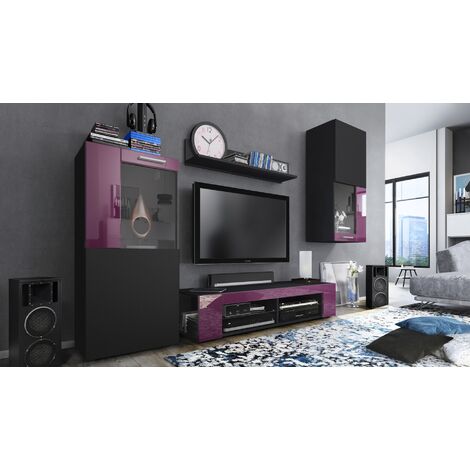 Wohnwand Lowboard Vitrine Regal Wohnzimmer Movie Schwarz Hochglanz Naturtöne
