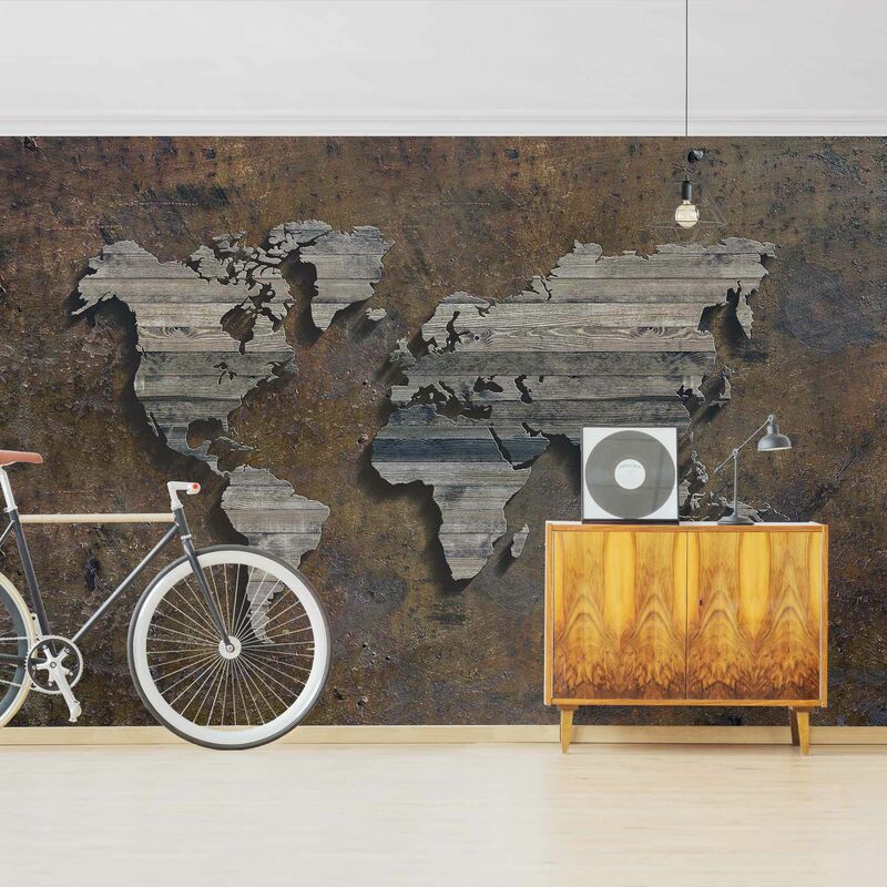 Vliestapete - Holz Rost Weltkarte - Vlies Fototapete Breit Größe HxB: 320cm x 480cm