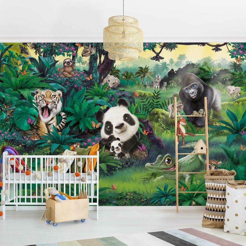 Vliestapete Kinderzimmer - Animal Club International - Dschungel mit Tieren - Fototapete Breit Größe HxB: 290cm x 432cm