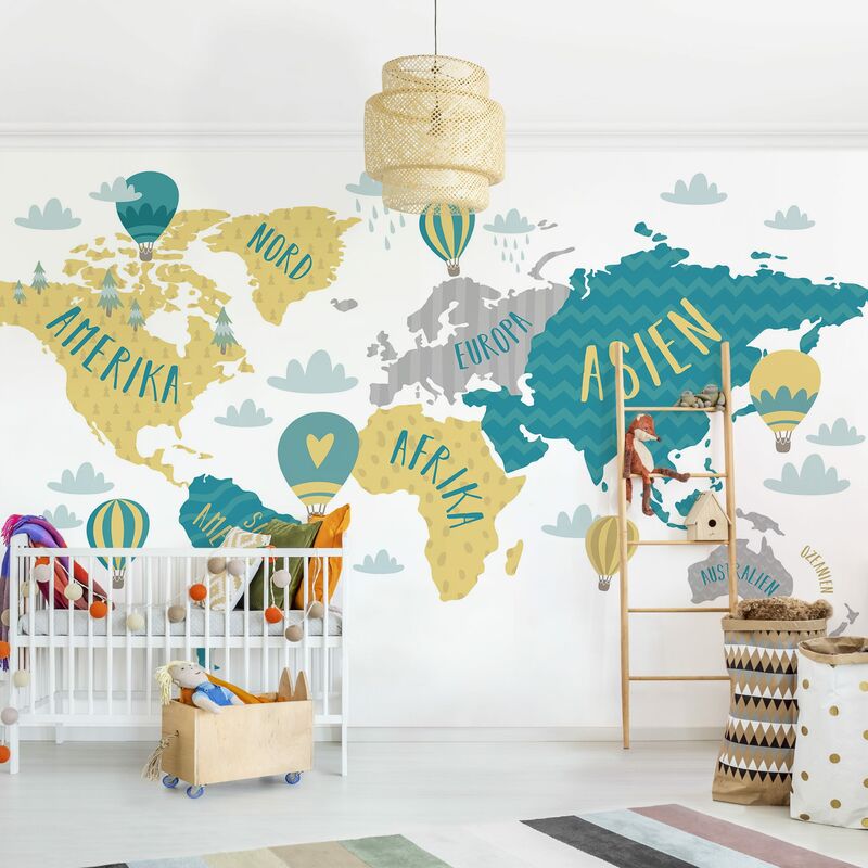 Vliestapete Kinderzimmer - Weltkarte mit Heißluftballon - Fototapete Breit Größe HxB: 320cm x 480cm
