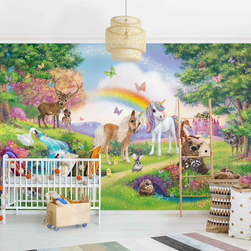 Vliestapete Premium Kinderzimmer - Animal Club International - Zauberwald mit Einhorn - Fototapete Breit Größe HxB: 290cm x 432cm