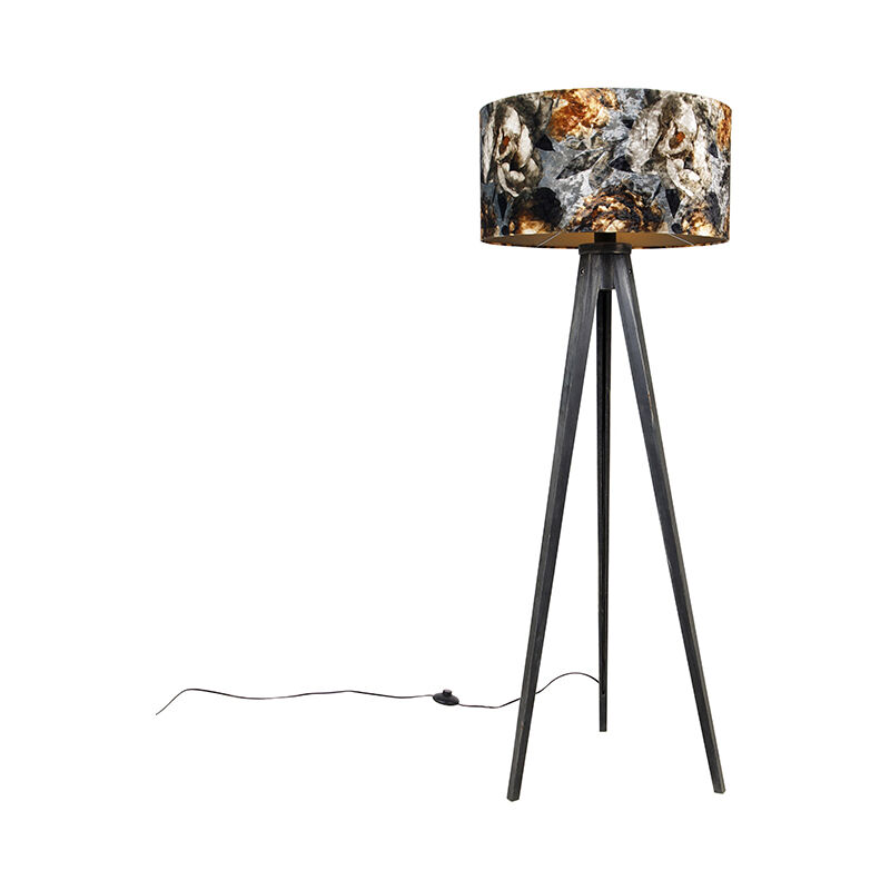 Floor Lamp Tripod Black With Shade Flowers 50 Cm - Tripod Classic - Floral Print