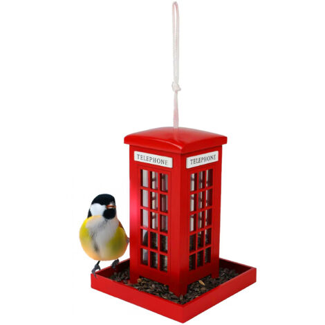 Vogel Futterstation rote Telefonzelle zum Aufhängen - 21 x 15 cm - Vogelfutterspender mit Sitzstange für Wildvögel