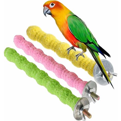 Vogelbarsch Papageienständer Käfigzubehör Natürlicher Holzstab Pfotenschleifen Raues Kauspielzeug für Nymphensittiche, Kakadu, Lorikeet, Conure, Sittich 3er Pack (zufällige Farbe)