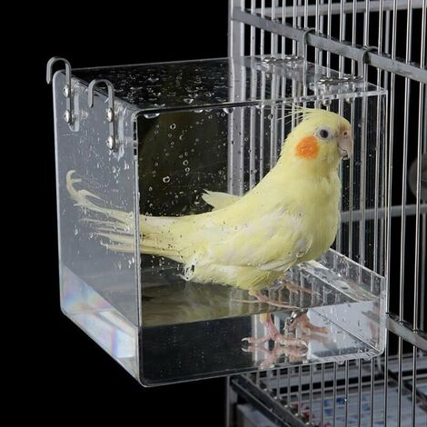 Vogeltränke, transparenter Würfel, Vogeltränkebox, Badewannen-Duschkäfig für kleine Vögel, Papageien, Myna, Spatzen