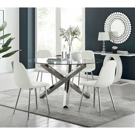 Vogue Large Round Chrome Metal Clear Glass Dining Table And 4 or 6 Corona Silver Dining Chairs Set
