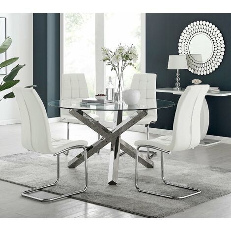 main image of "Vogue Large Round Chrome Metal Clear Glass Dining Table And 4 or 6 Murano Dining Chairs Set"