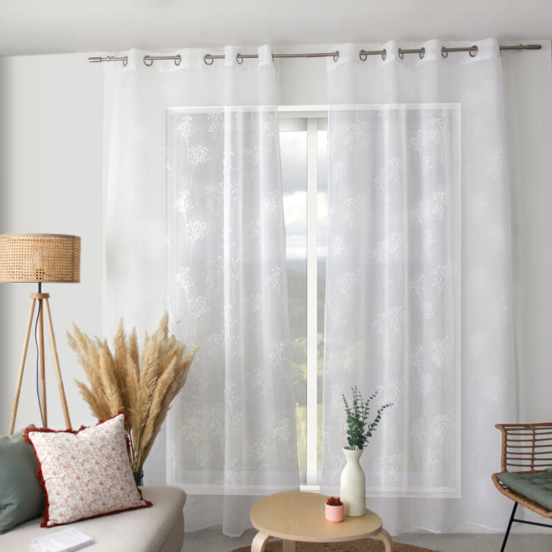 Voilage à jacquard coupé aux impressions végétales Blanc 140x240 cm