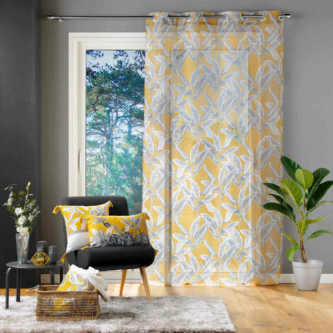 Voilage à Œillets 140x240 cm – Voile Sablé Imprimé Feuillage Isibelle Jaune