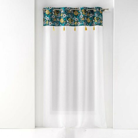 Voilage à œillets 140x240 sable top imprimé pompon Bohoflora bleu