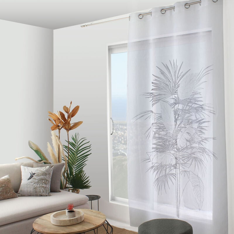 Voilage à oeillets imprimé palmiers Gris anthracite 140x240 cm