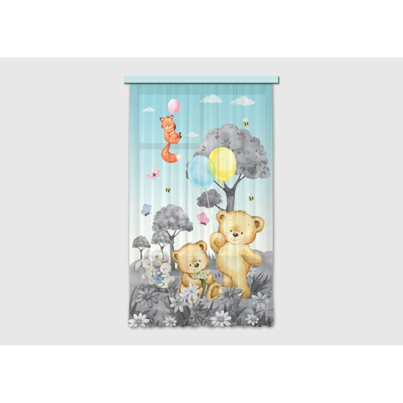 Voilage Animaux de la foret - ourson, renard, lapin en noir et blanc - 1 pièce - l 140 cm x h 245 cm