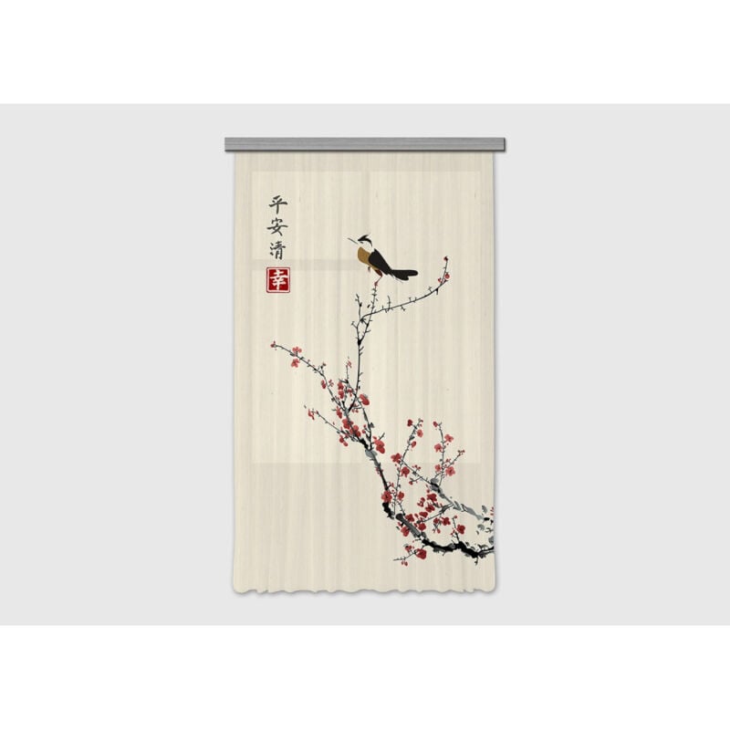 Ag Art - Voilage arbre japonais avec oiseau - 1 pièce - l 140 cm x h 245 cm