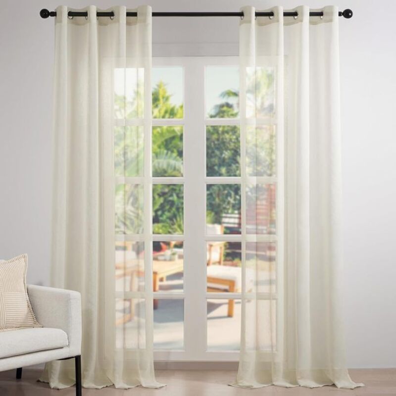 Voilage Beige 140x225 cm en Effet Lin - Decoration Chambre Transparent pour Salon Cuisine Lot de 2
