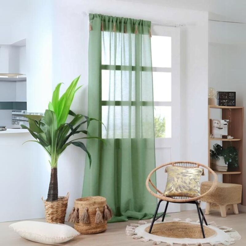 Voilage bohème à pompons en jute Vert clair 140x260 cm