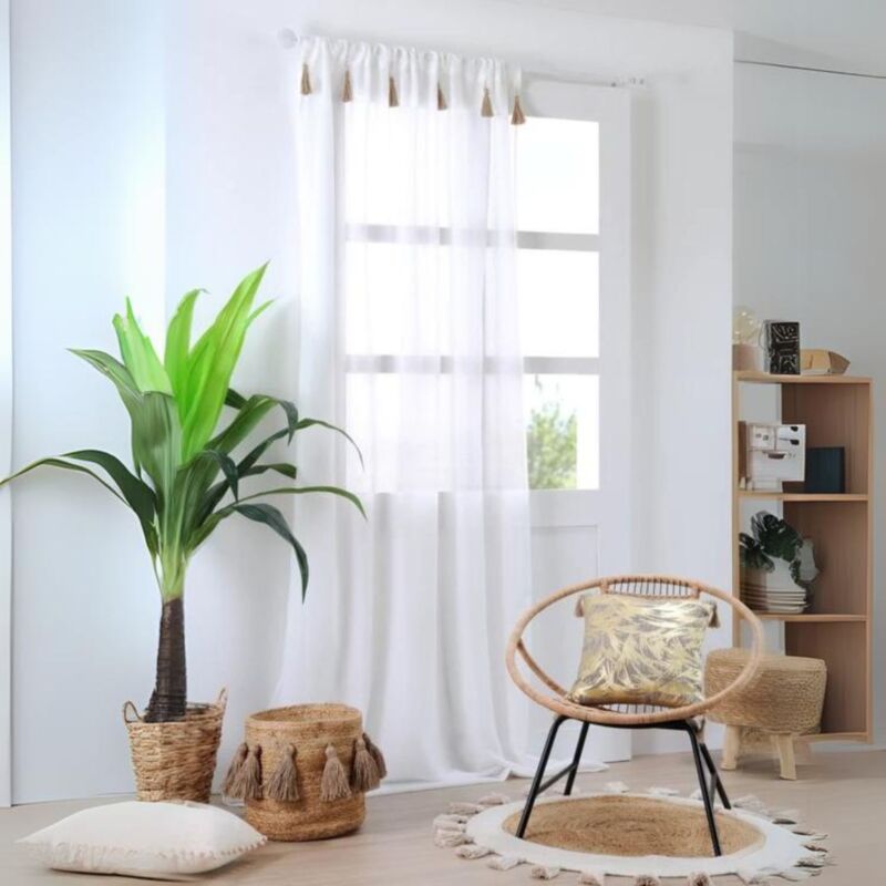 Voilage bohème à pompons en jute Ecru 140x260 cm