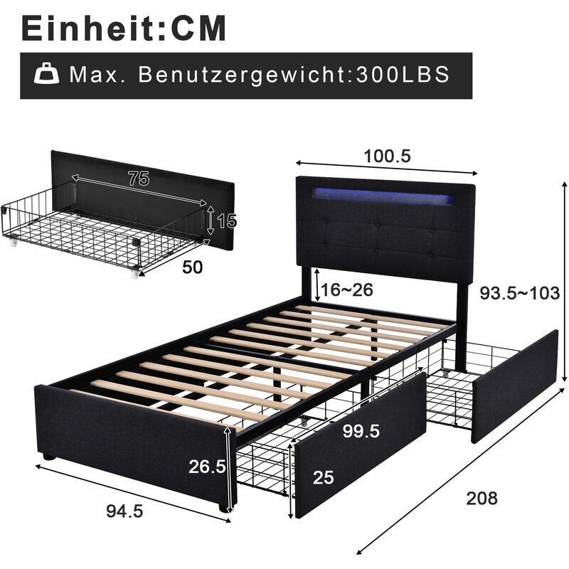 L&h-cfcahl - Cadre de lit avec éclairage led et 2 tiroirs, lit simple rembourré 90x200cm, tête de lit réglable en hauteur, sommier à lattes en bois,