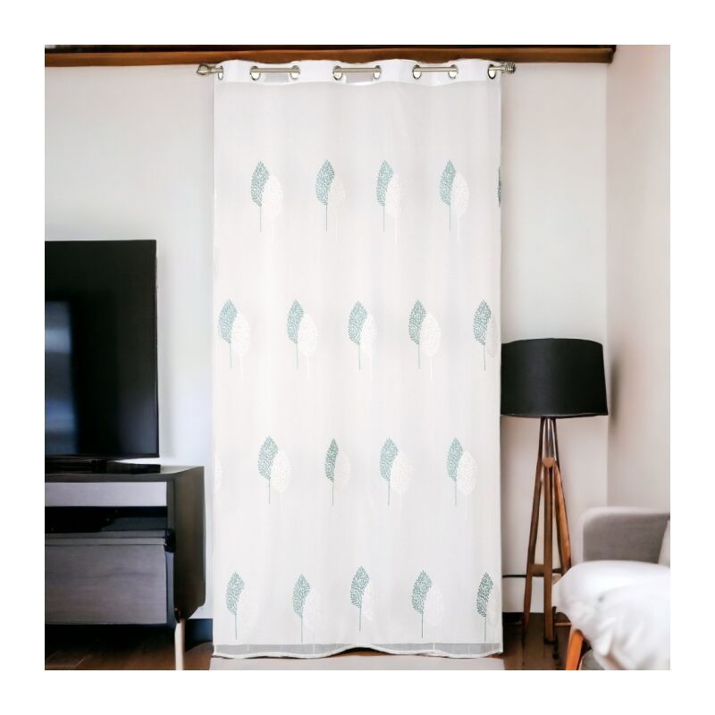 Voilage Brodé Feuilles à Œillets Gomme Bleu - 140x240cm - Prêt à Poser