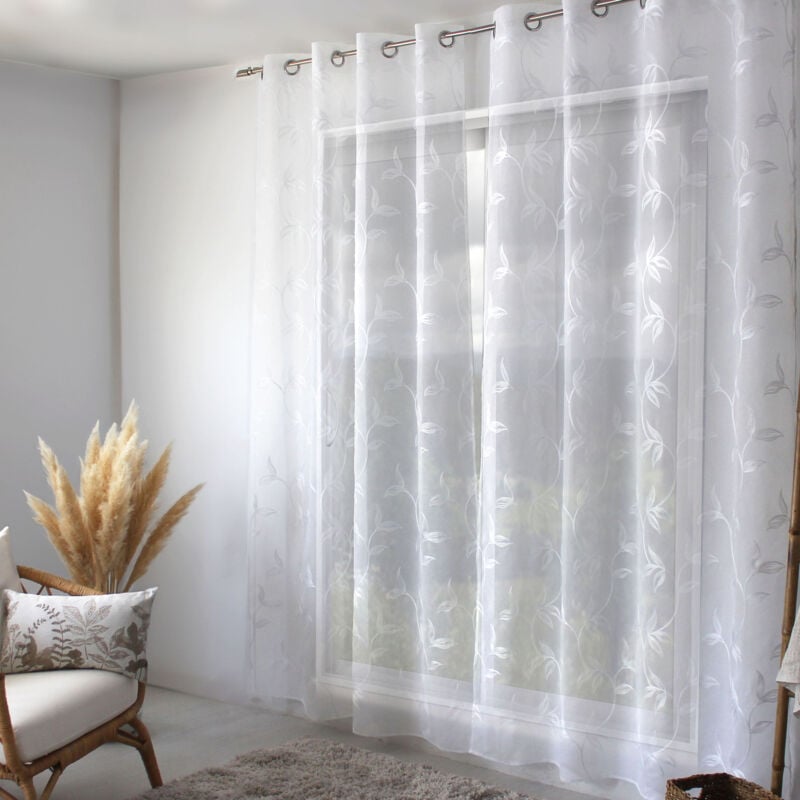 Voilage brodé motif nature Blanc 140x240 cm