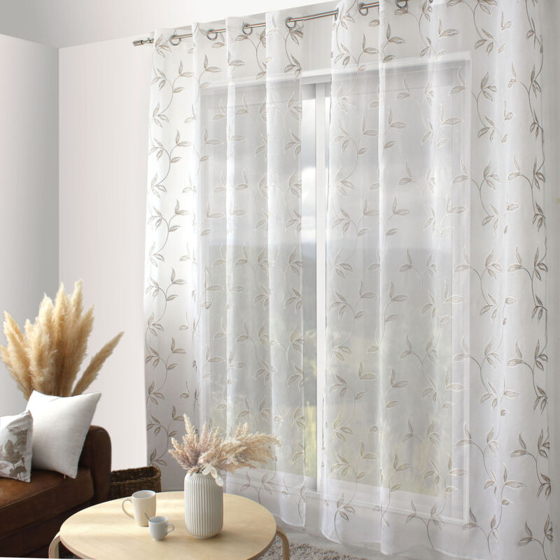 Voilage brodé motif nature Beige 140x240 cm